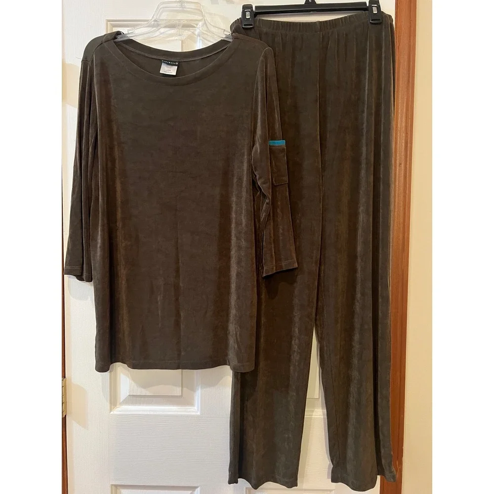 Citiknit Womens Brown Velvet Lounge Set Tunic Top and Pants Size Large